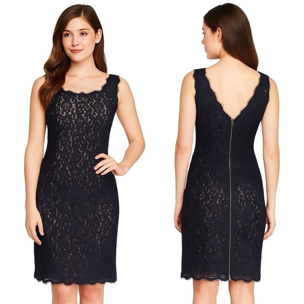 Adrianna Papell Dress 4 Blue Lace Nude Lined Sleeveless Sheath‎ Cocktail Formal